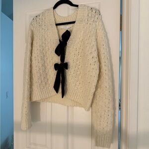 Astr Cream Cardigan with Black Bow Details